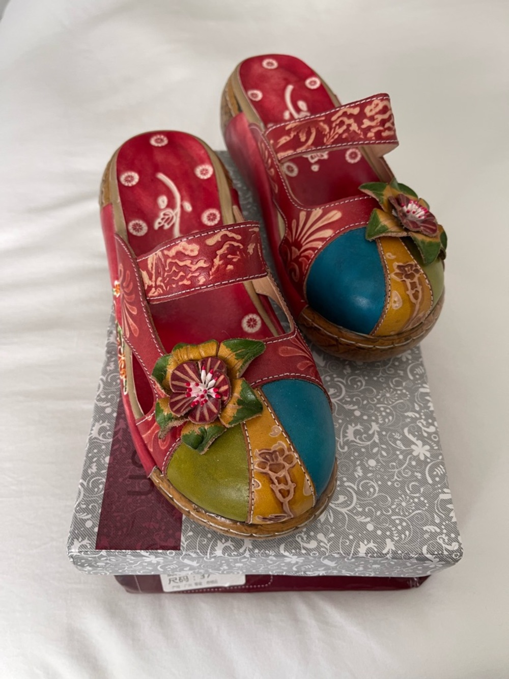 Handcrafted Red Multi-Color Leather Mary Jane Clogs - Picture 2 of 3